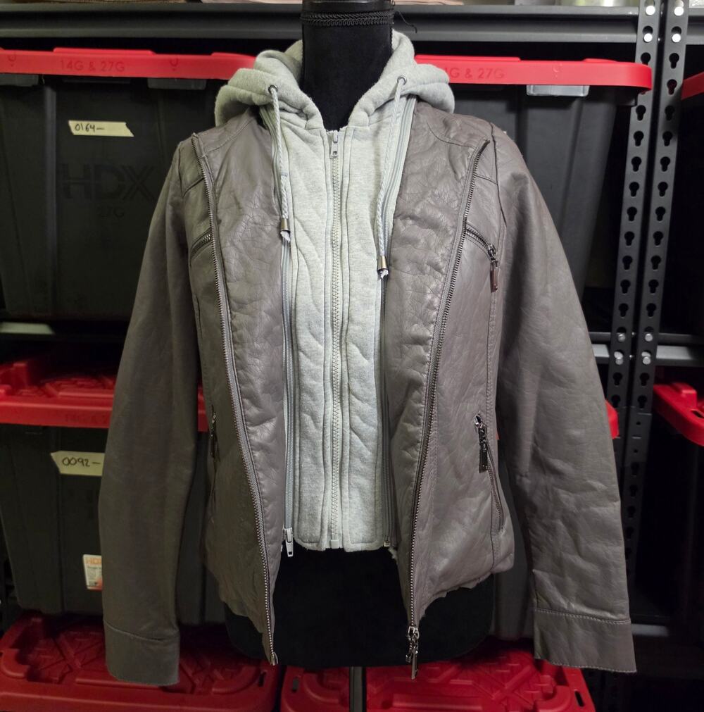 ​J2 Womens Large Grey Faux Leather Jacket Removable Hood Faux Fur Lined Moto